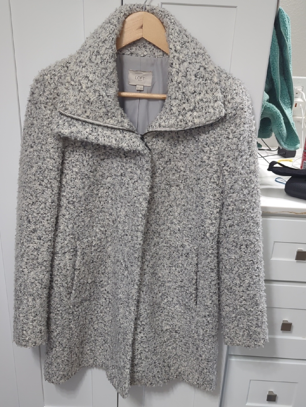 LOFT Gray Teddy Bouclé Jacket with Zipper